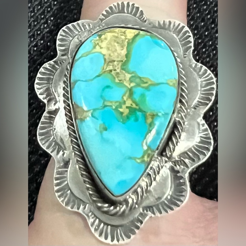 Tribal Navajo Made Sterling Silver Sonoran Gold Turquoise Ring - Picture 3 of 3